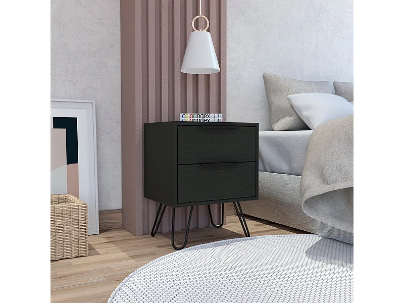 TUHOME Table de Nuit Nuvo 2, Deux Tiroirs, Pieds en Épingle, Couleur Noire