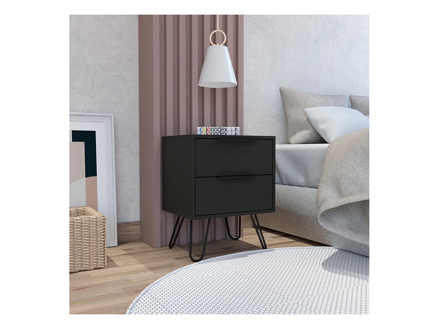 TUHOME Table de Nuit Nuvo 2, Deux Tiroirs, Pieds en Épingle, Couleur Noire