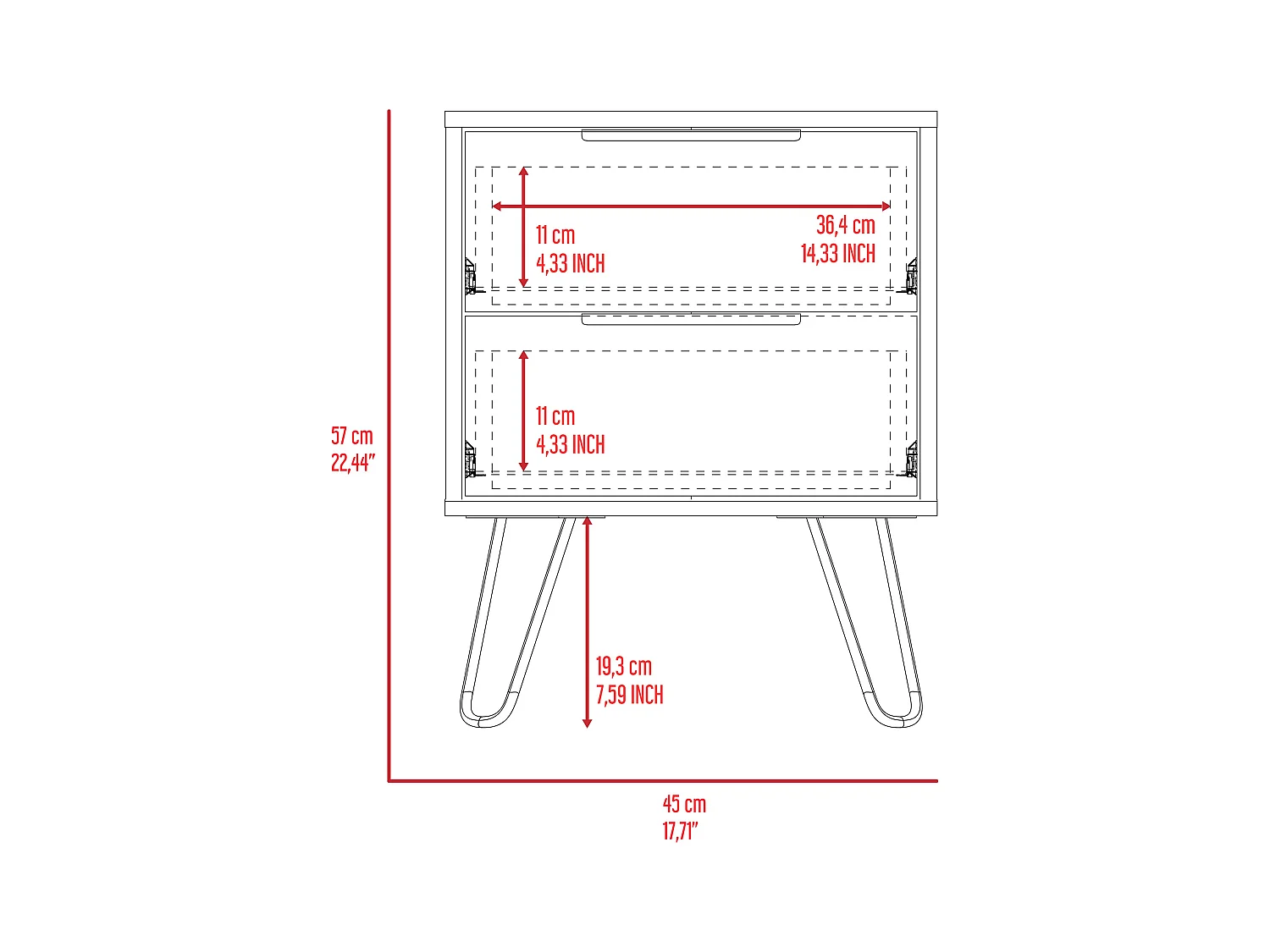 TUHOME Table de Nuit Nuvo 2, Deux Tiroirs, Pieds en Épingle, Couleur Noire
