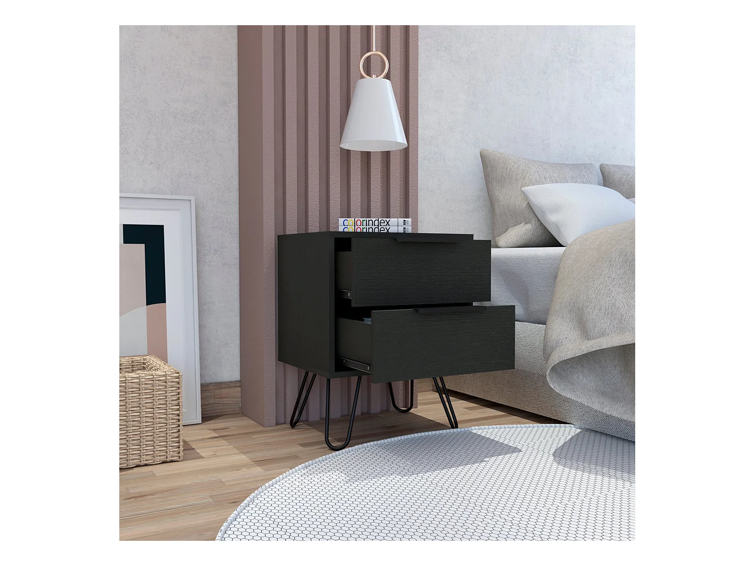 TUHOME Table de Nuit Nuvo 2, Deux Tiroirs, Pieds en Épingle, Couleur Noire