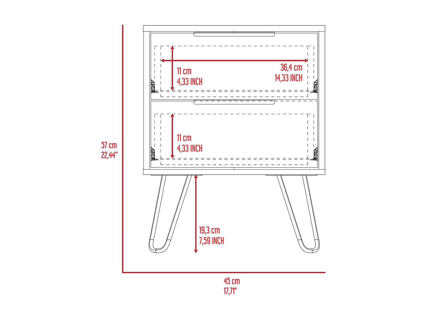 TUHOME Table de Nuit Nuvo 2, Deux Tiroirs, Pieds en Épingle, Couleur Noire