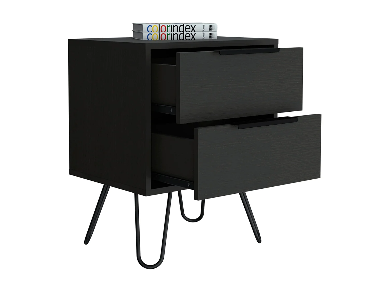 TUHOME Table de Nuit Nuvo 2, Deux Tiroirs, Pieds en Épingle, Couleur Noire