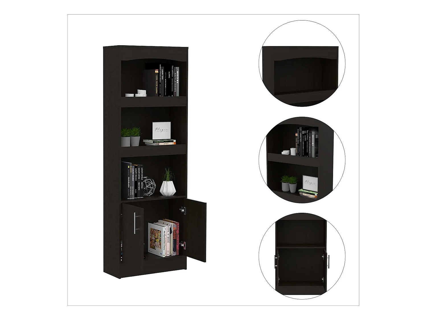 TUHOME Bibliothèque Durango, Trois Étagères, Meuble avec Double Porte, Noir