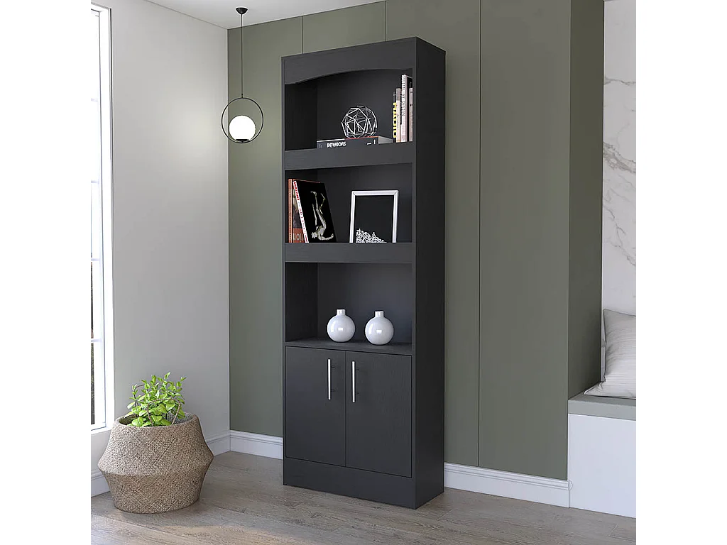 TUHOME Bibliothèque Durango, Trois Étagères, Meuble avec Double Porte, Noir