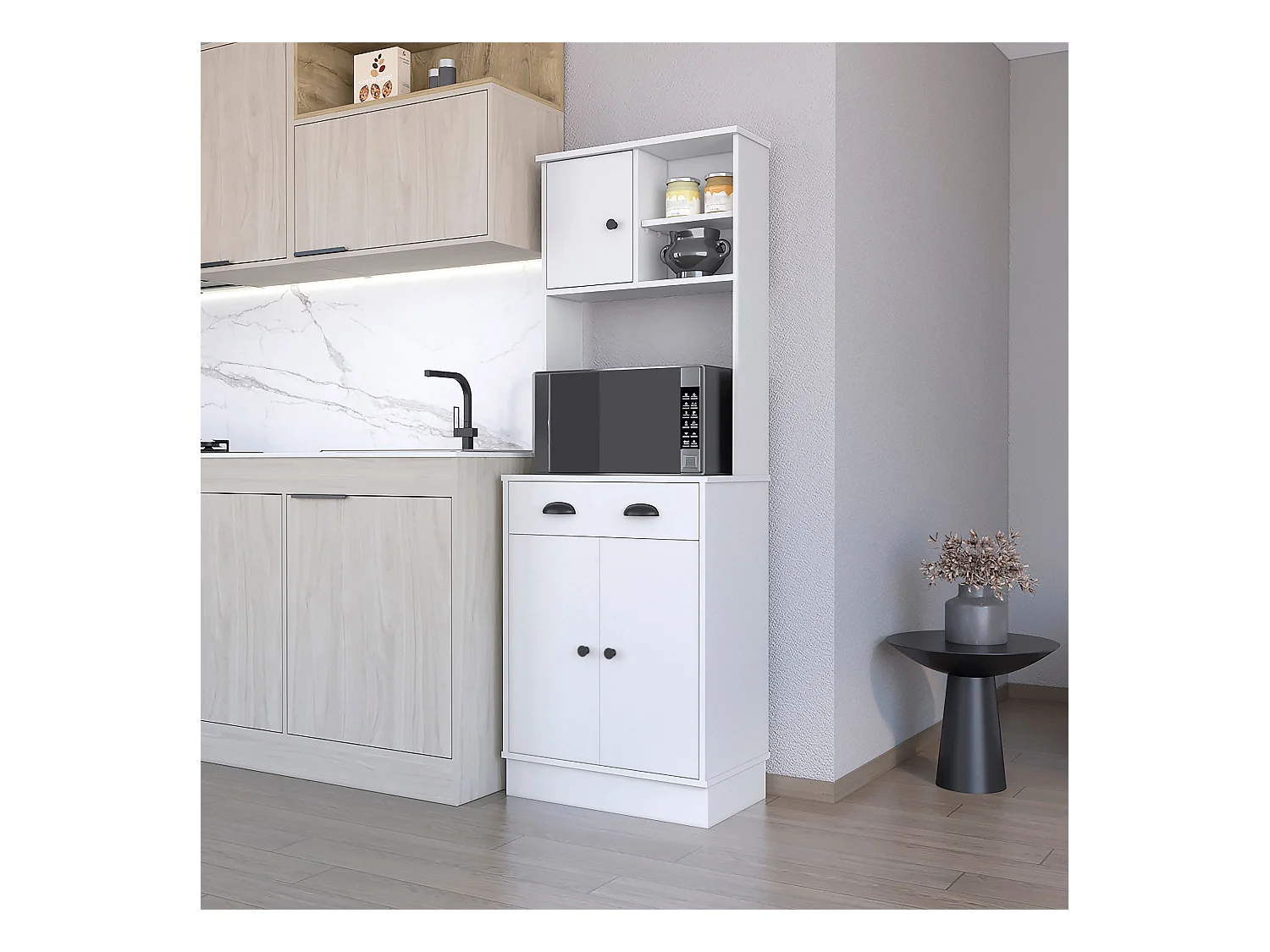 TUHOME Armário de Cozinha para Micro-ondas Powell com 3 Portas, Puxadores e Gaveta