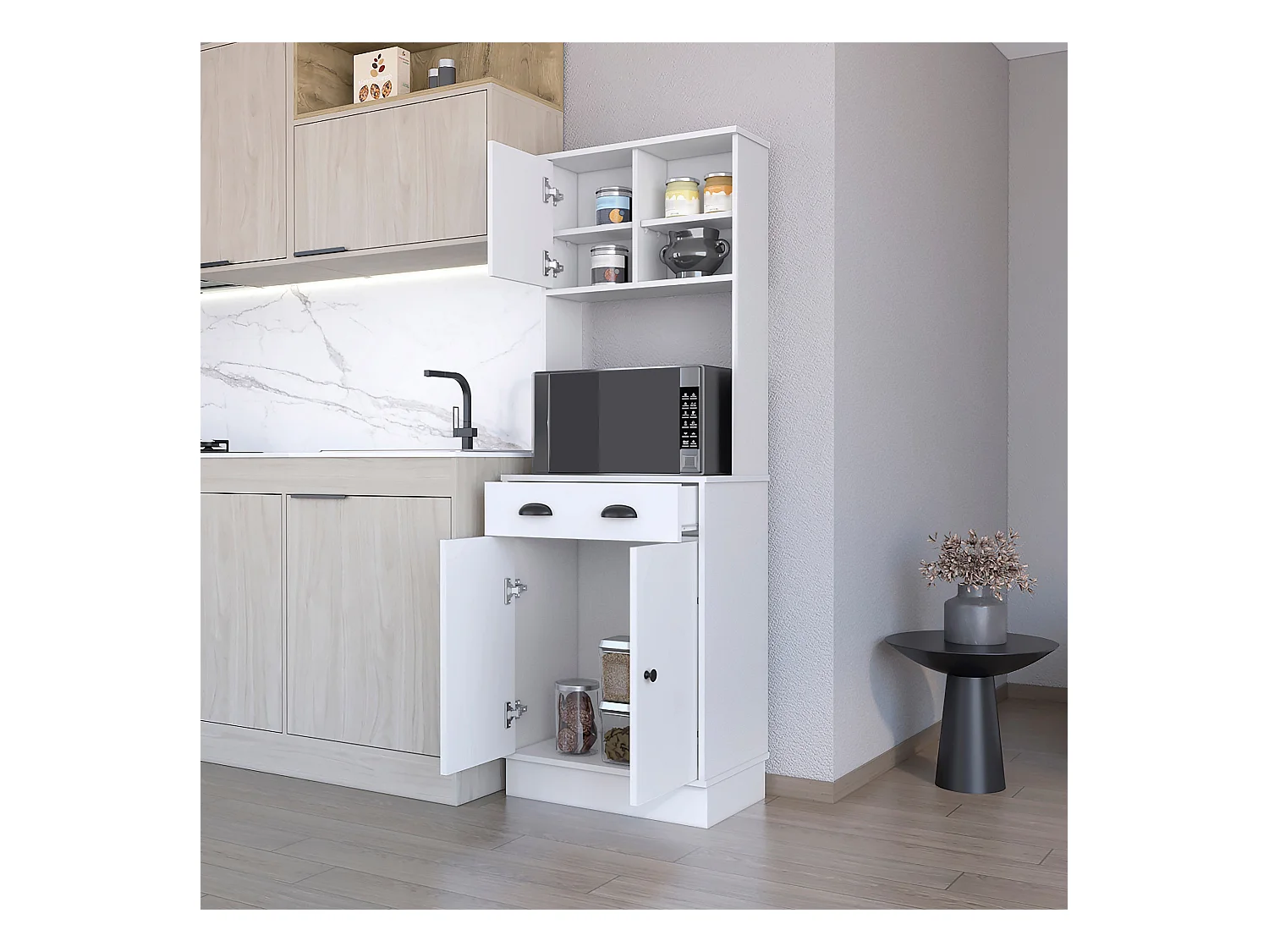 TUHOME Armário de Cozinha para Micro-ondas Powell com 3 Portas, Puxadores e Gaveta