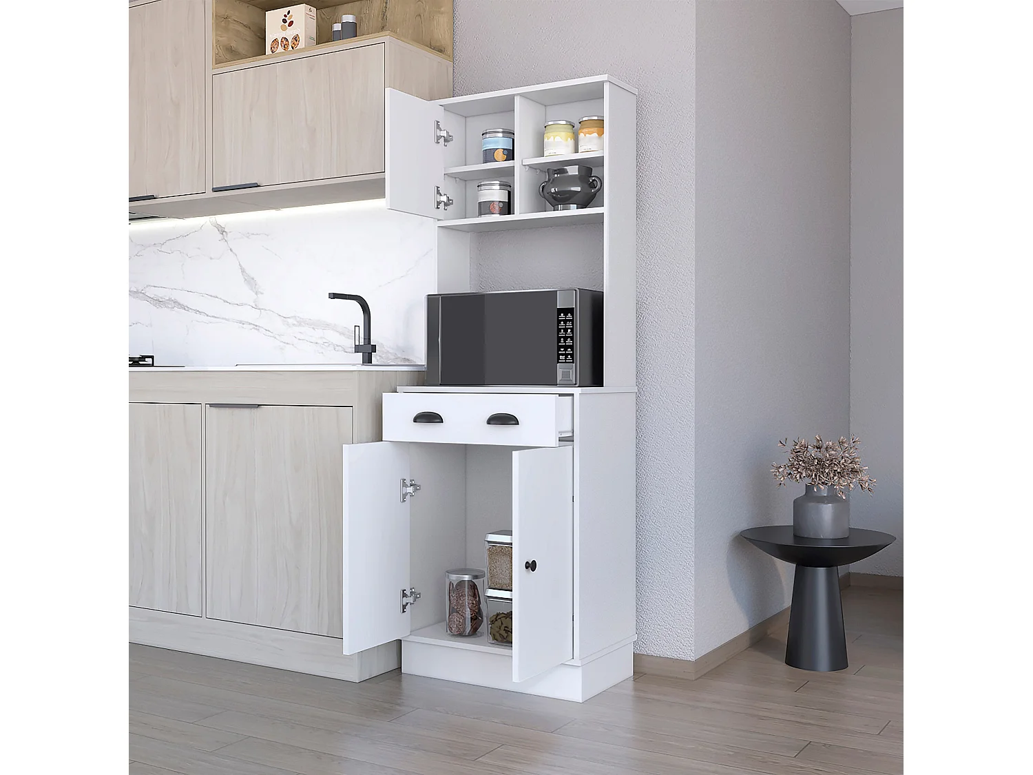 TUHOME Armário de Cozinha para Micro-ondas Powell com 3 Portas, Puxadores e Gaveta
