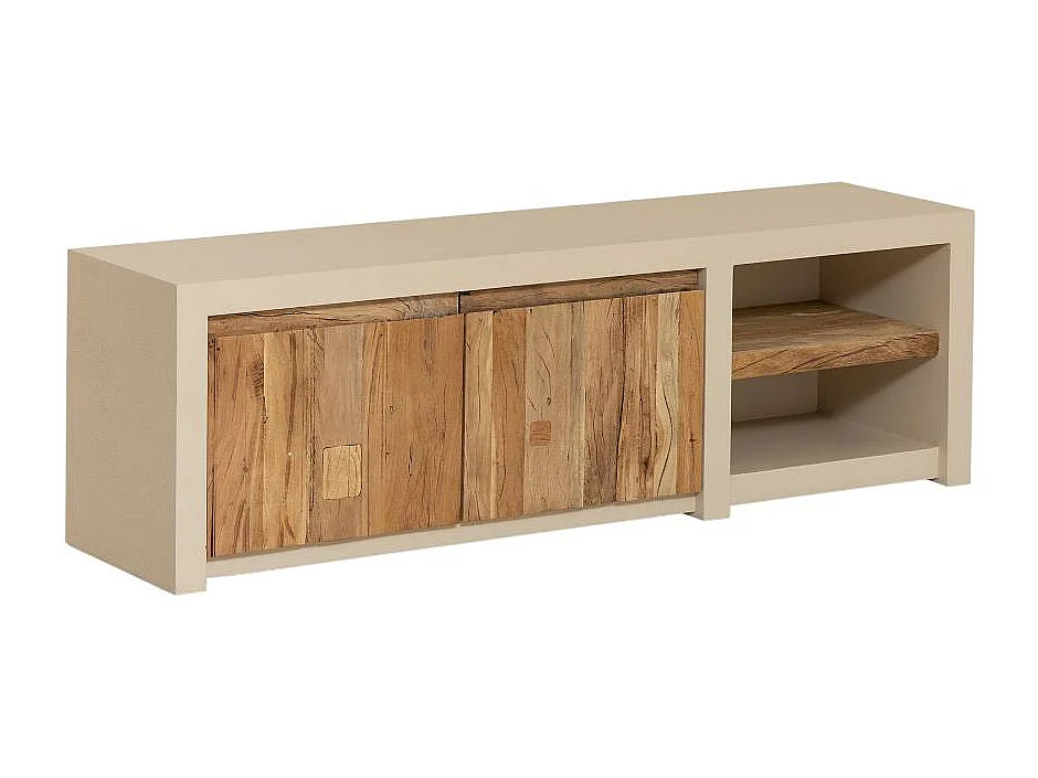 Meuble TV 2 portes et 1 étagère en bois effet béton et bois recyclé Dalva