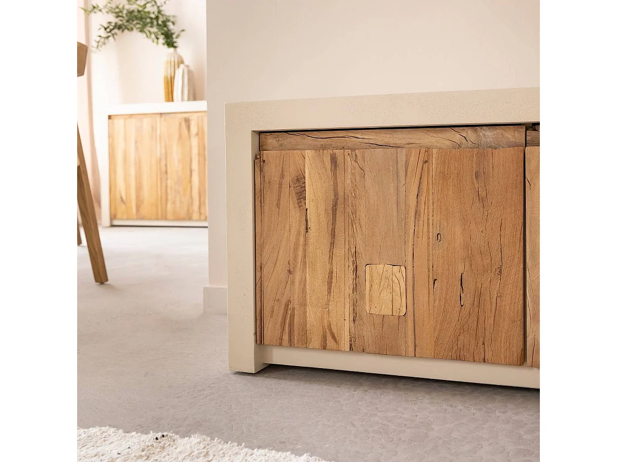 Meuble TV 2 portes et 1 étagère en bois effet béton et bois recyclé Dalva