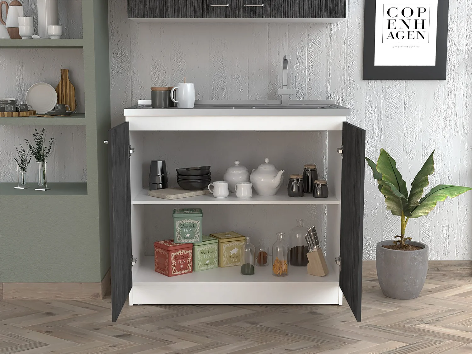 TUHOME CONCEPT Móvel lava-loiça Napoles de 100 cm, branco e carvalho cinzento