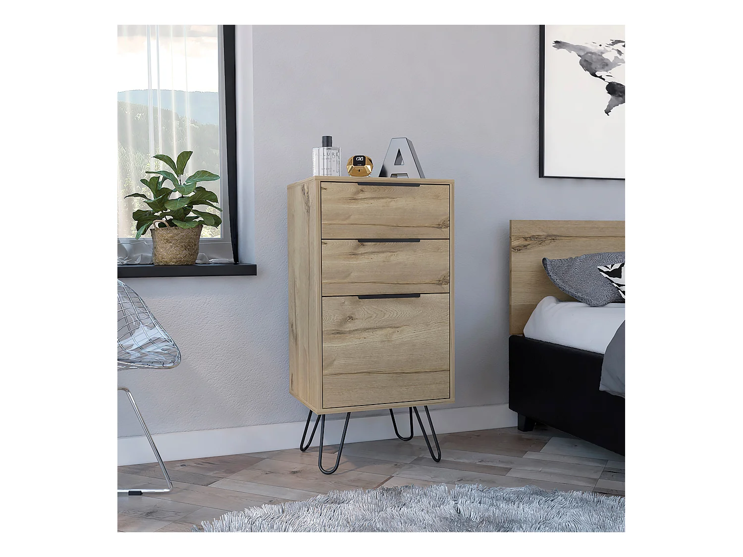 TUHOME Commode London, Trois Tiroirs, Surface Supérieure, Pieds en Épingle