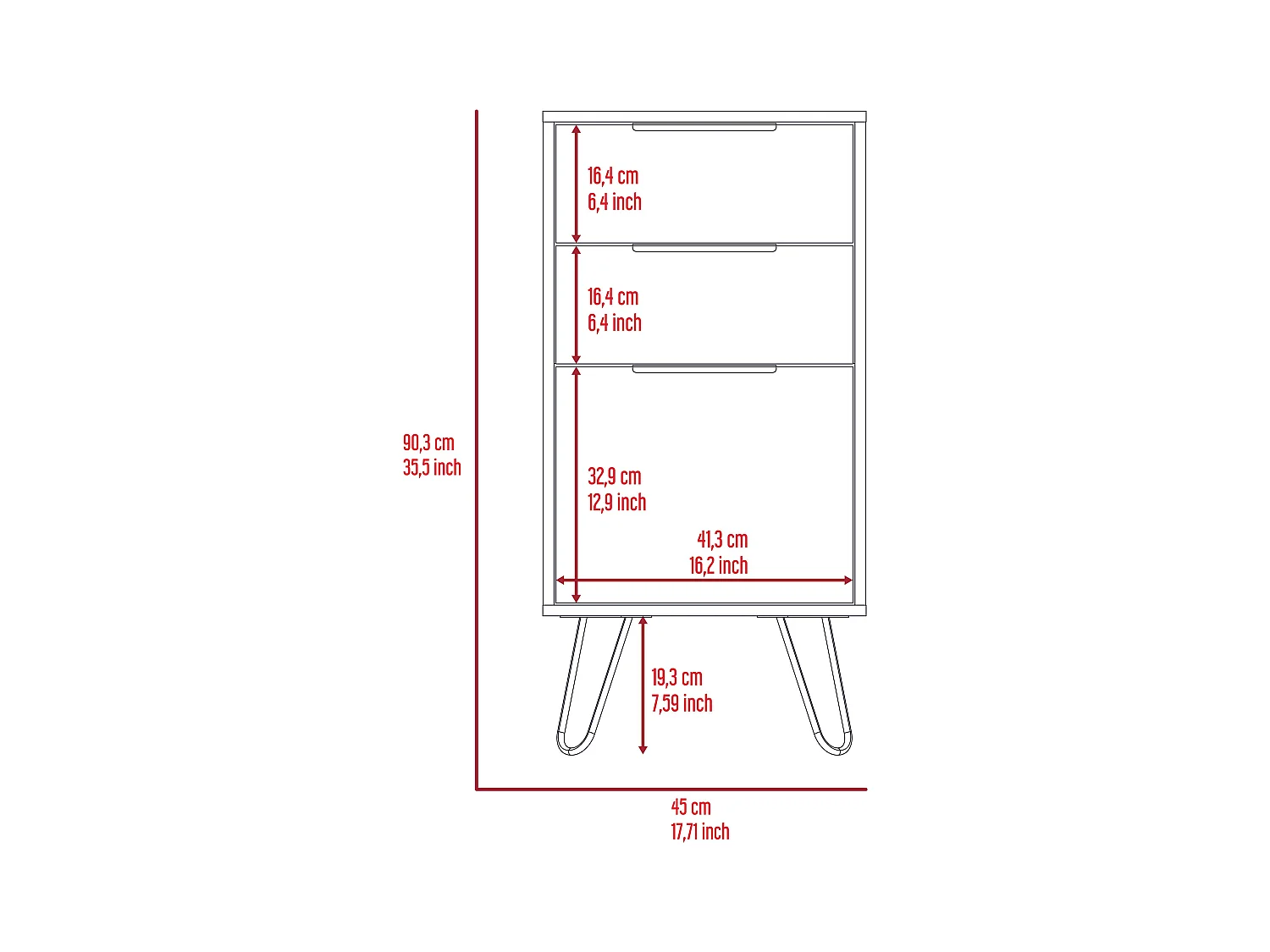 TUHOME Commode London, Trois Tiroirs, Surface Supérieure, Pieds en Épingle