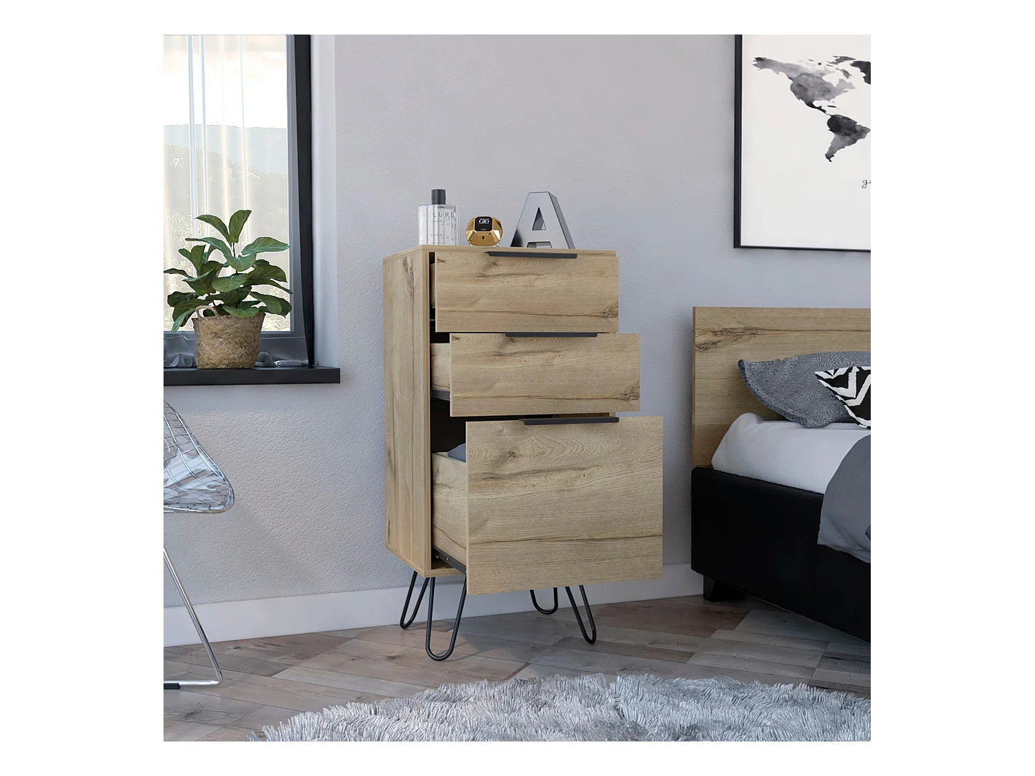TUHOME Commode London, Trois Tiroirs, Surface Supérieure, Pieds en Épingle