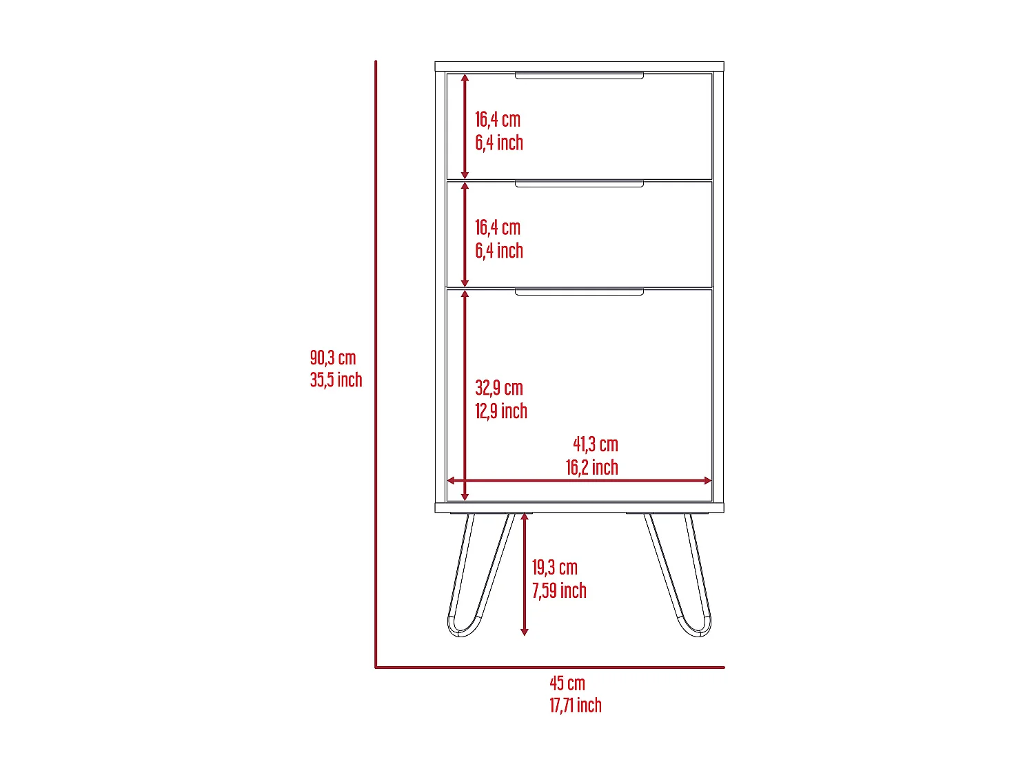 TUHOME Cassettiera London, Tre Cassetti, Superficie Superiore, Gambe a Forcina