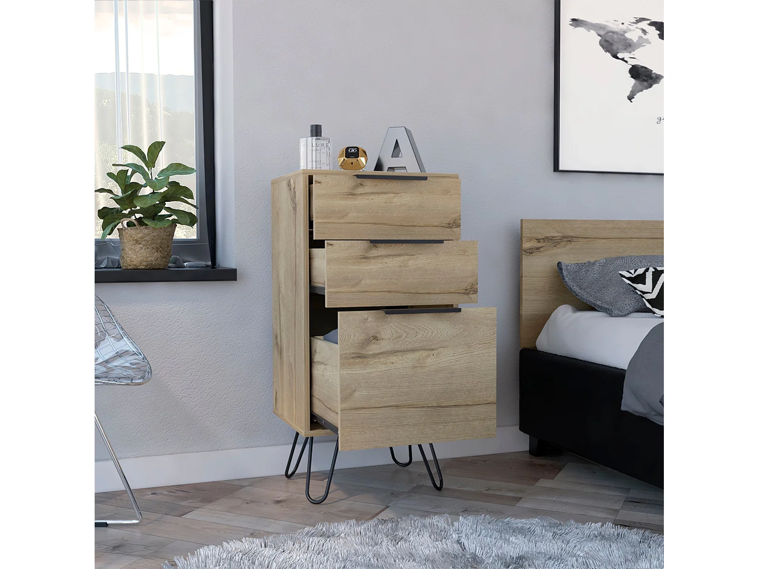 TUHOME Cassettiera London, Tre Cassetti, Superficie Superiore, Gambe a Forcina