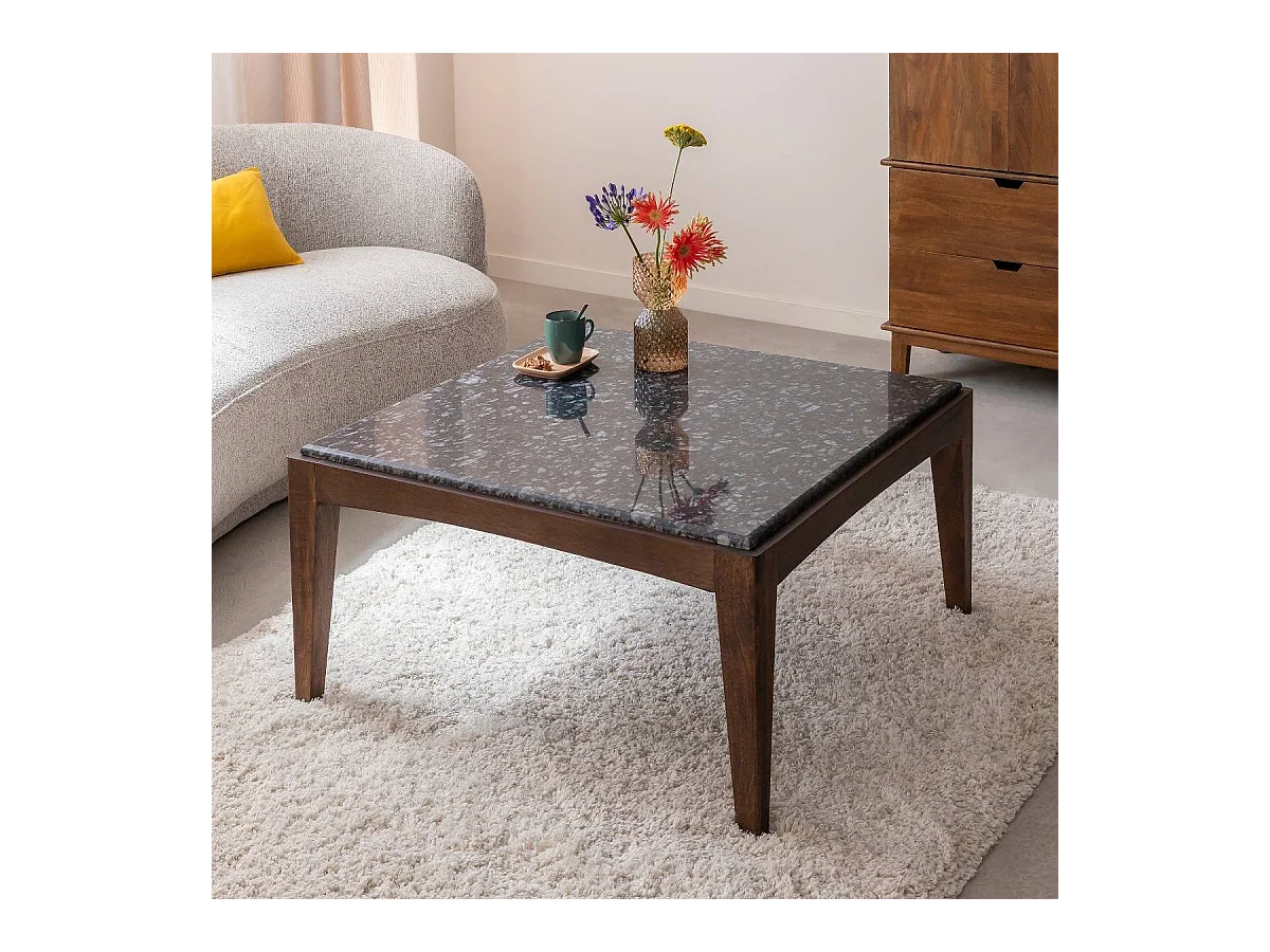 Table basse carrée en bois de manguier et marbre noir Ilithe