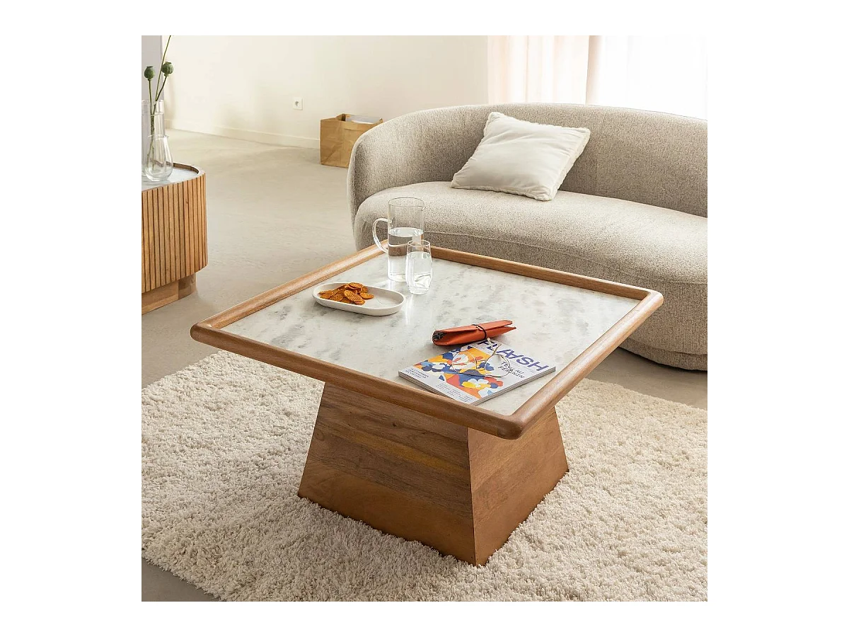Table basse carrée en bois de manguier et marbre Adler