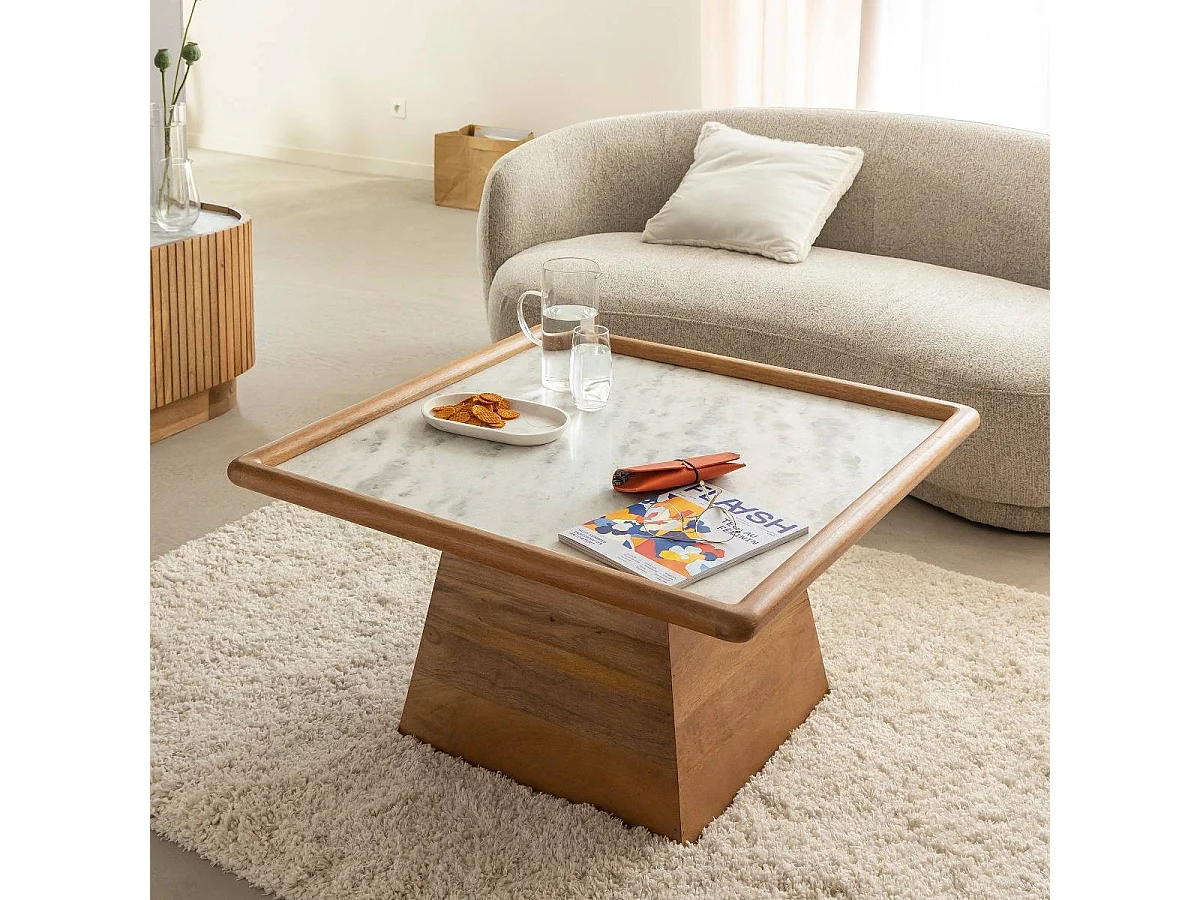 Table basse carrée en bois de manguier et marbre Adler