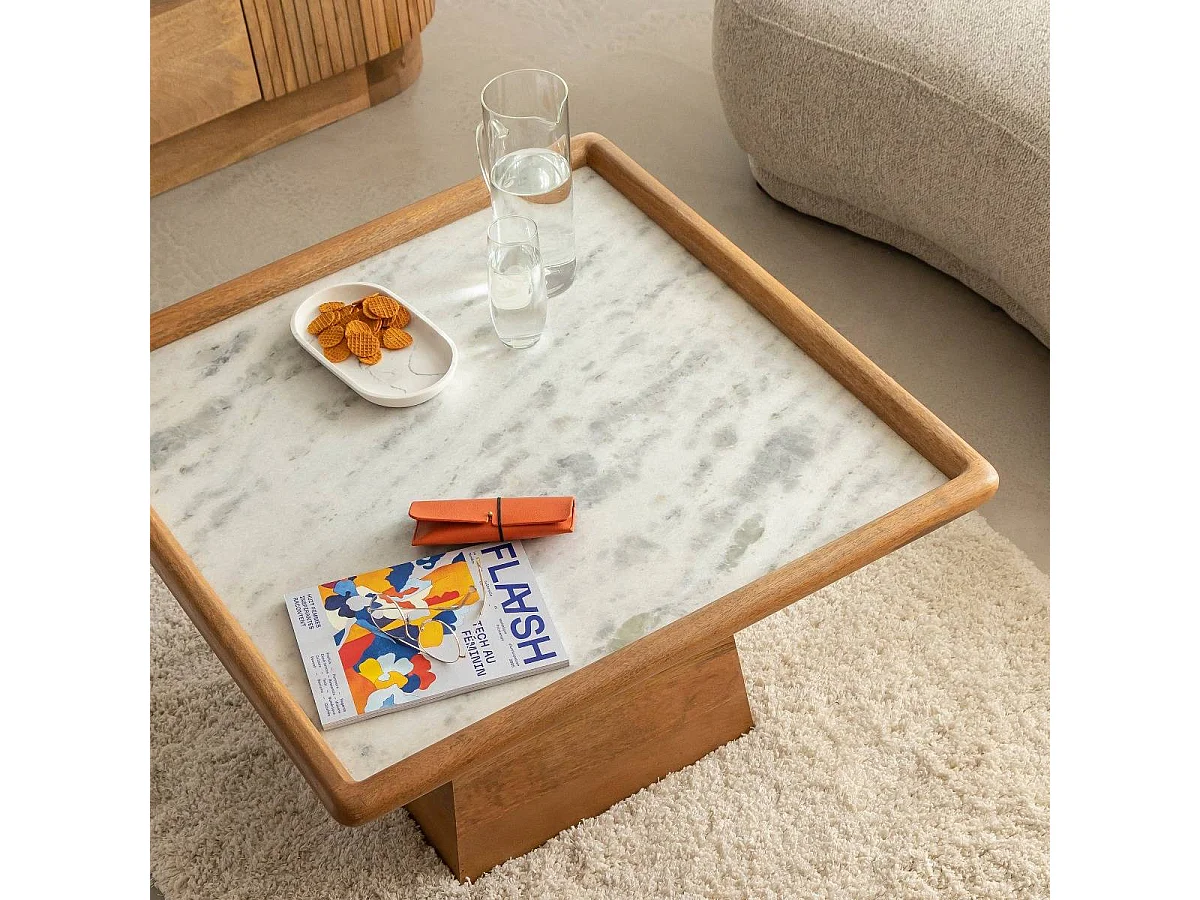Table basse carrée en bois de manguier et marbre Adler
