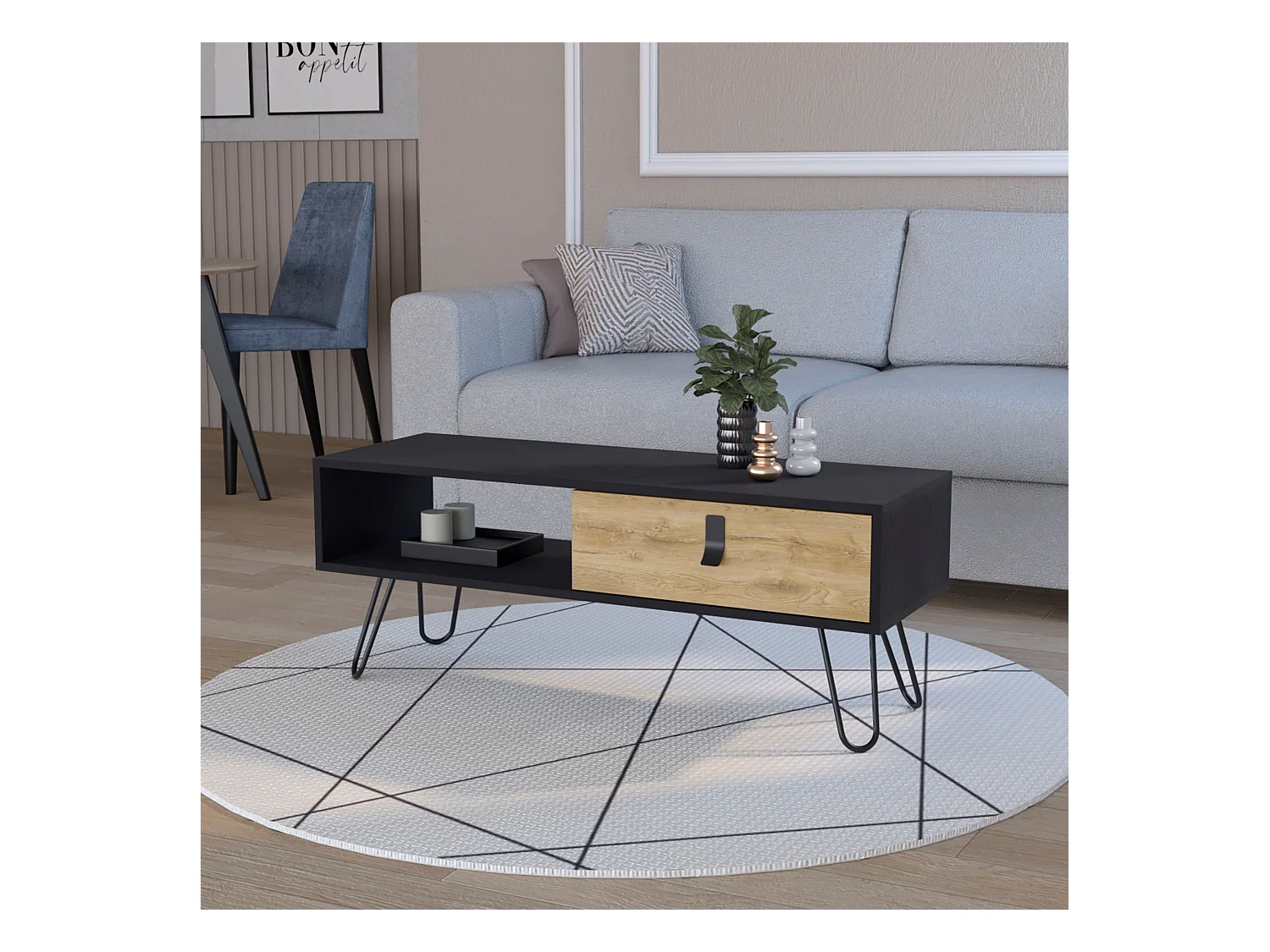 TUHOME Table Basse Kimball avec Tiroir et Pieds Épingles, Noir / Macadamia