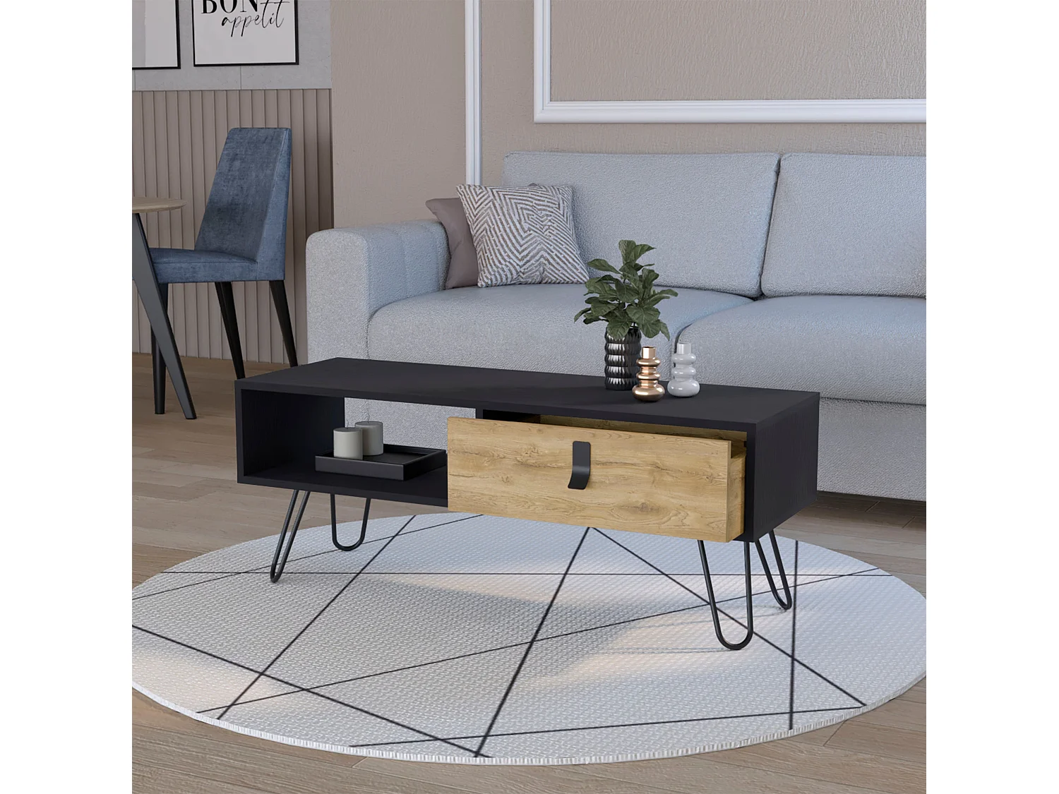 TUHOME Mesa de Centro Kimball con Cajón y Patas Hairpin, Negro / Macadamia