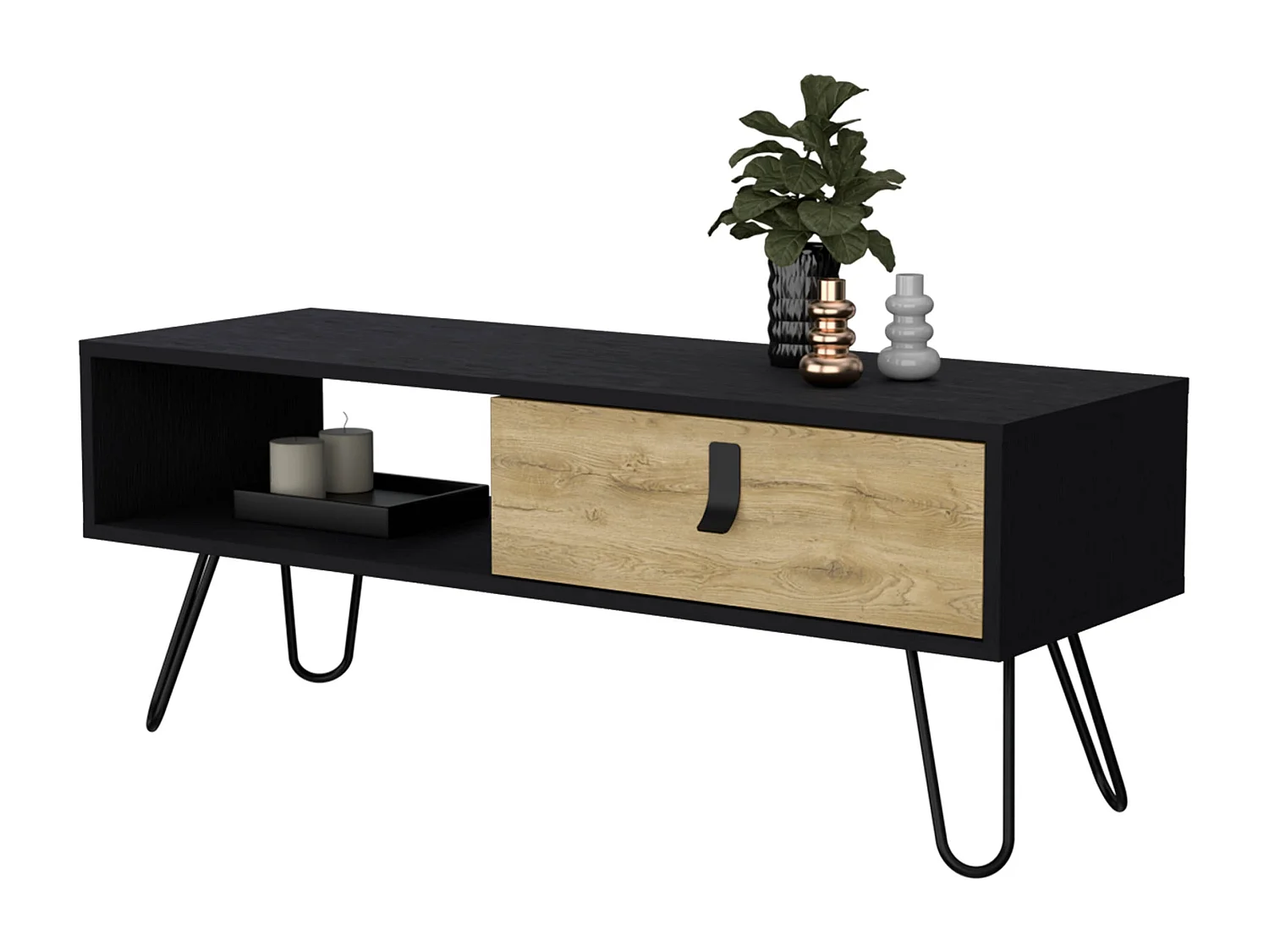 TUHOME Mesa de Centro Kimball con Cajón y Patas Hairpin, Negro / Macadamia