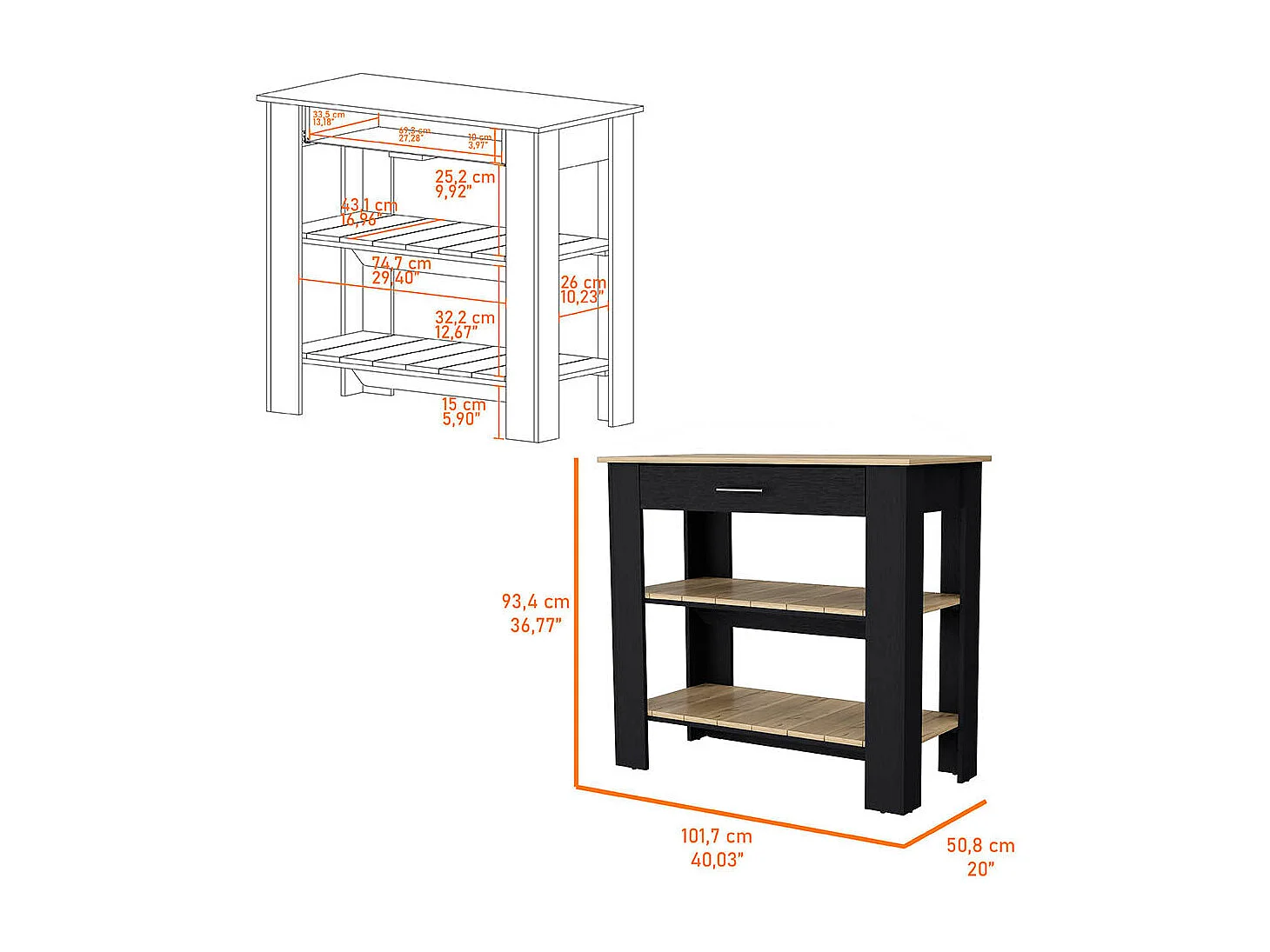 TUHOME Isla de Cocina Brooklyn, Dos Estantes, Un Cajón, Negro / Roble Claro