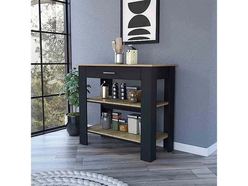 TUHOME Isla de Cocina Brooklyn, Dos Estantes, Un Cajón, Negro / Roble Claro