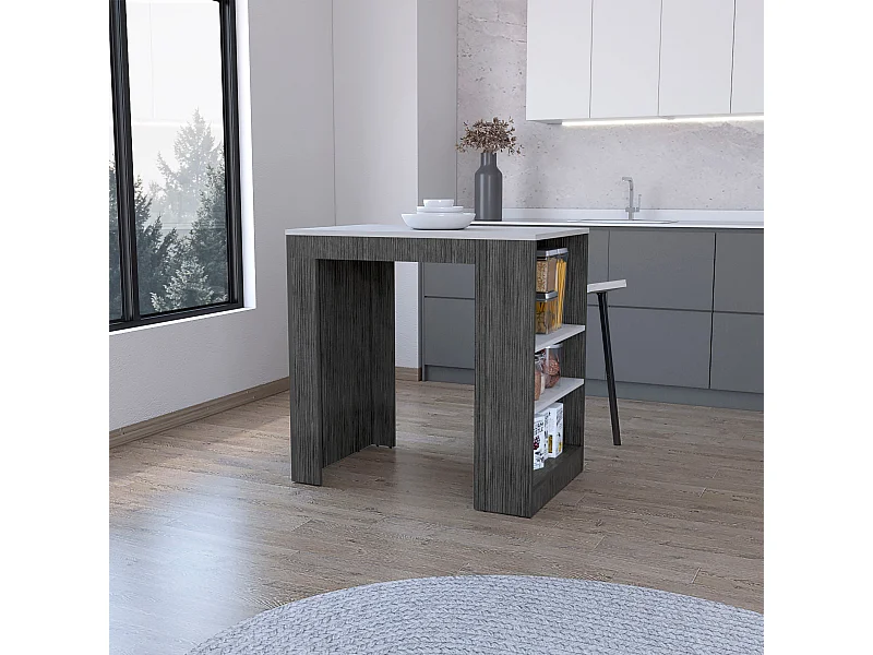 TUHOME Isola da Cucina Harlan, Superficie ad Altezza Banco con 3 Ripiani Laterali, Rovere Affumicato / Marmo Ibiza