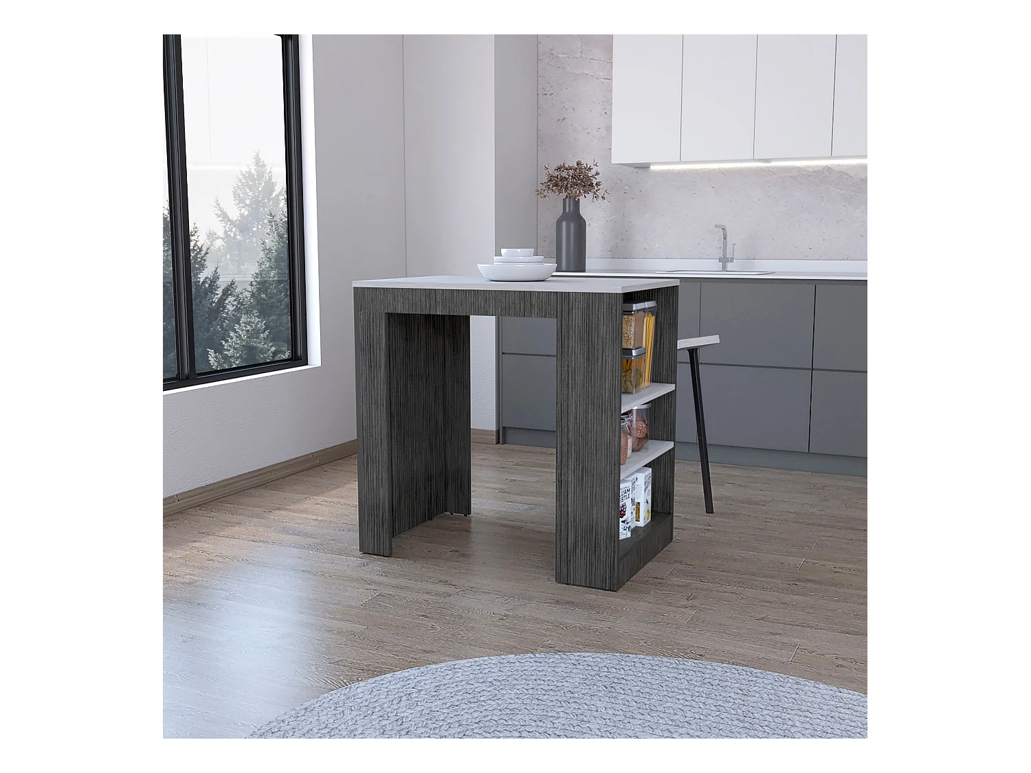 TUHOME Îlot de Cuisine Harlan, Surface à Hauteur de Comptoir avec 3 Étagères Latérales, Chêne Fumé / Marbre Ibiza