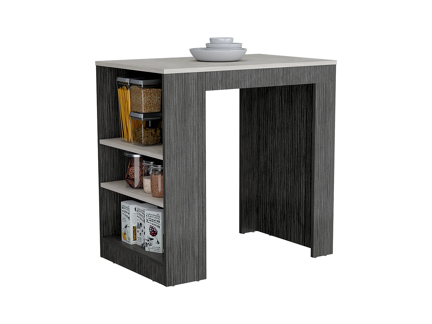 TUHOME Îlot de Cuisine Harlan, Surface à Hauteur de Comptoir avec 3 Étagères Latérales, Chêne Fumé / Marbre Ibiza