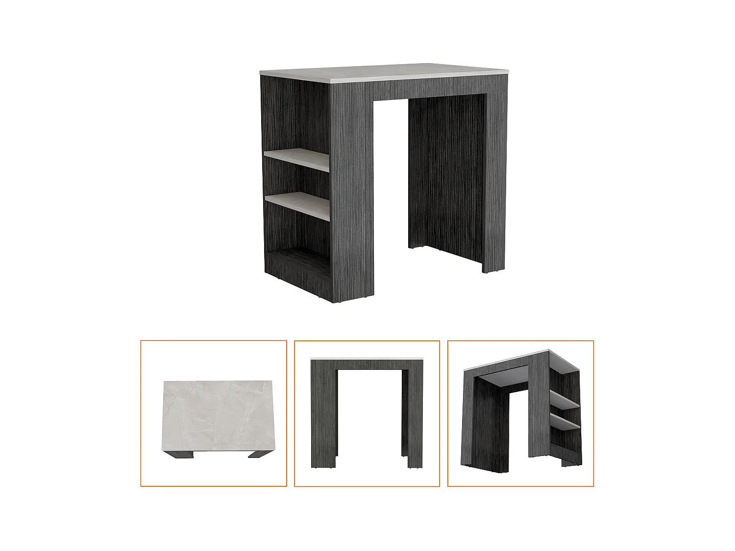 TUHOME Îlot de Cuisine Harlan, Surface à Hauteur de Comptoir avec 3 Étagères Latérales, Chêne Fumé / Marbre Ibiza