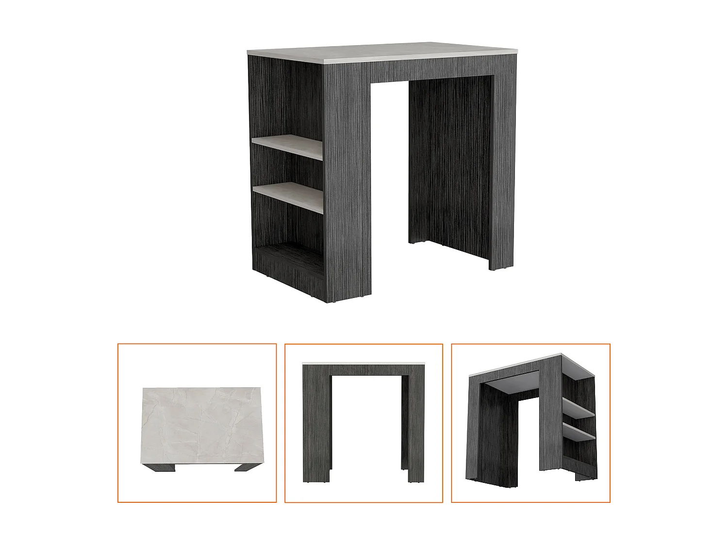 TUHOME Îlot de Cuisine Harlan, Surface à Hauteur de Comptoir avec 3 Étagères Latérales, Chêne Fumé / Marbre Ibiza