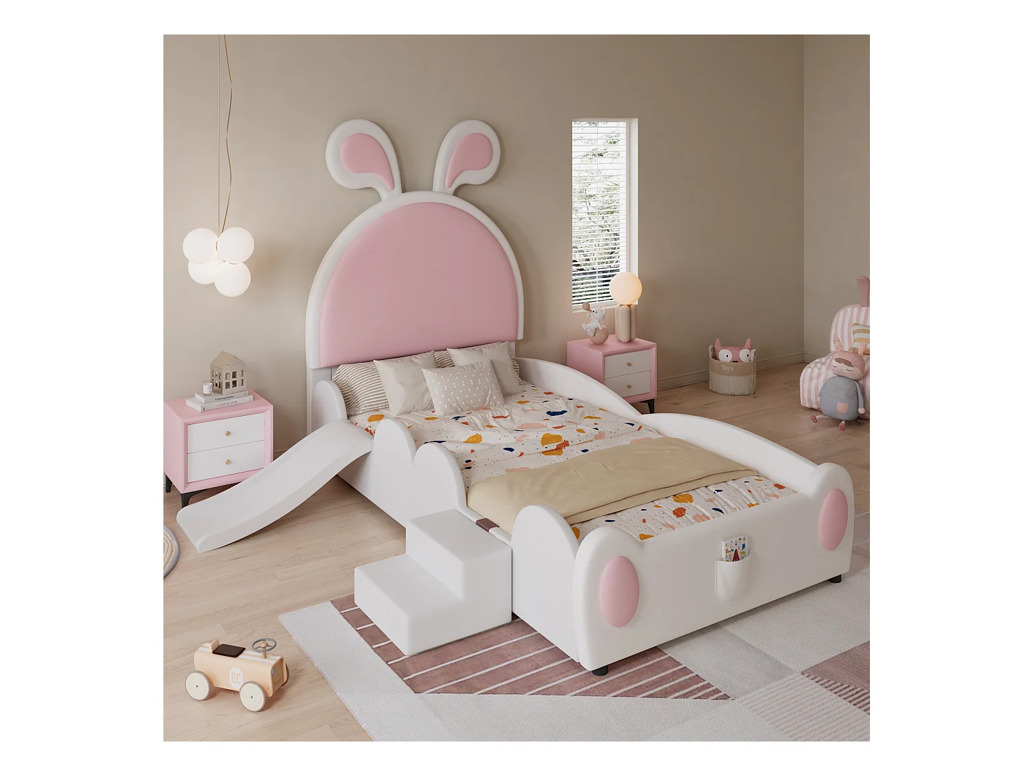 Kinderpolsterbett - 90 x 200 cm - mit Treppe und Rutsche + Kopfteil - PU - Weiß + Rosa