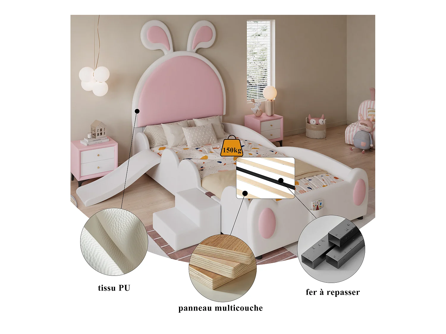 Kinderpolsterbett - 90 x 200 cm - mit Treppe und Rutsche + Kopfteil - PU - Weiß + Rosa