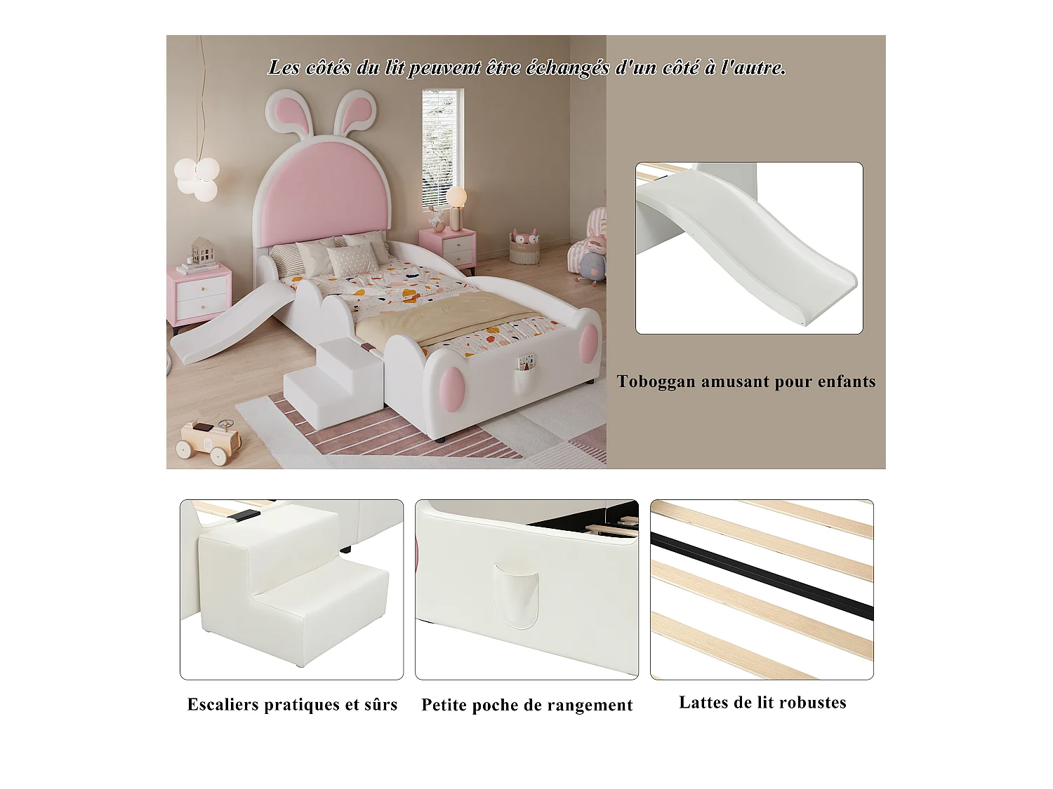 Kinderpolsterbett - 90 x 200 cm - mit Treppe und Rutsche + Kopfteil - PU - Weiß + Rosa