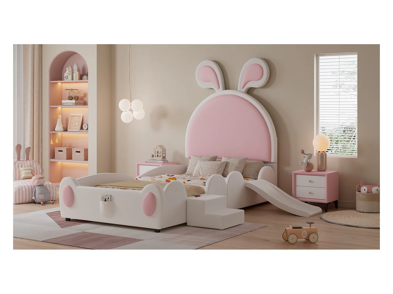 Kinderpolsterbett - 90 x 200 cm - mit Treppe und Rutsche + Kopfteil - PU - Weiß + Rosa