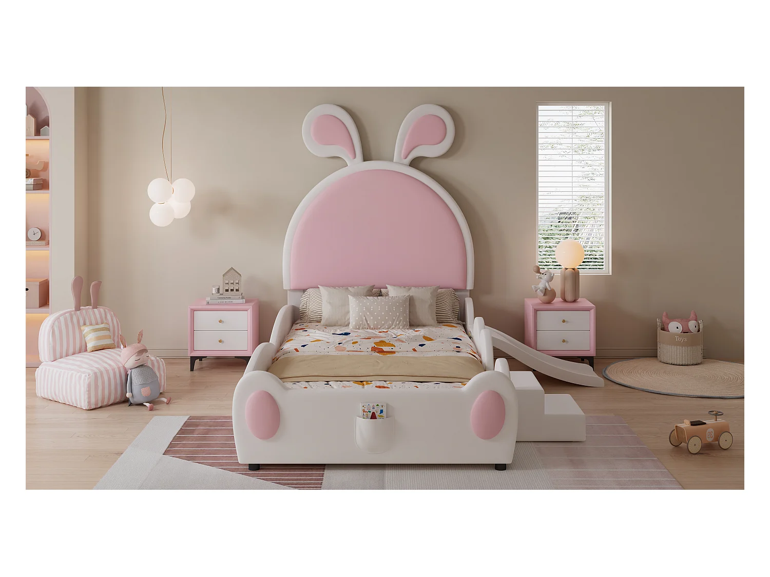 Kinderpolsterbett - 90 x 200 cm - mit Treppe und Rutsche + Kopfteil - PU - Weiß + Rosa