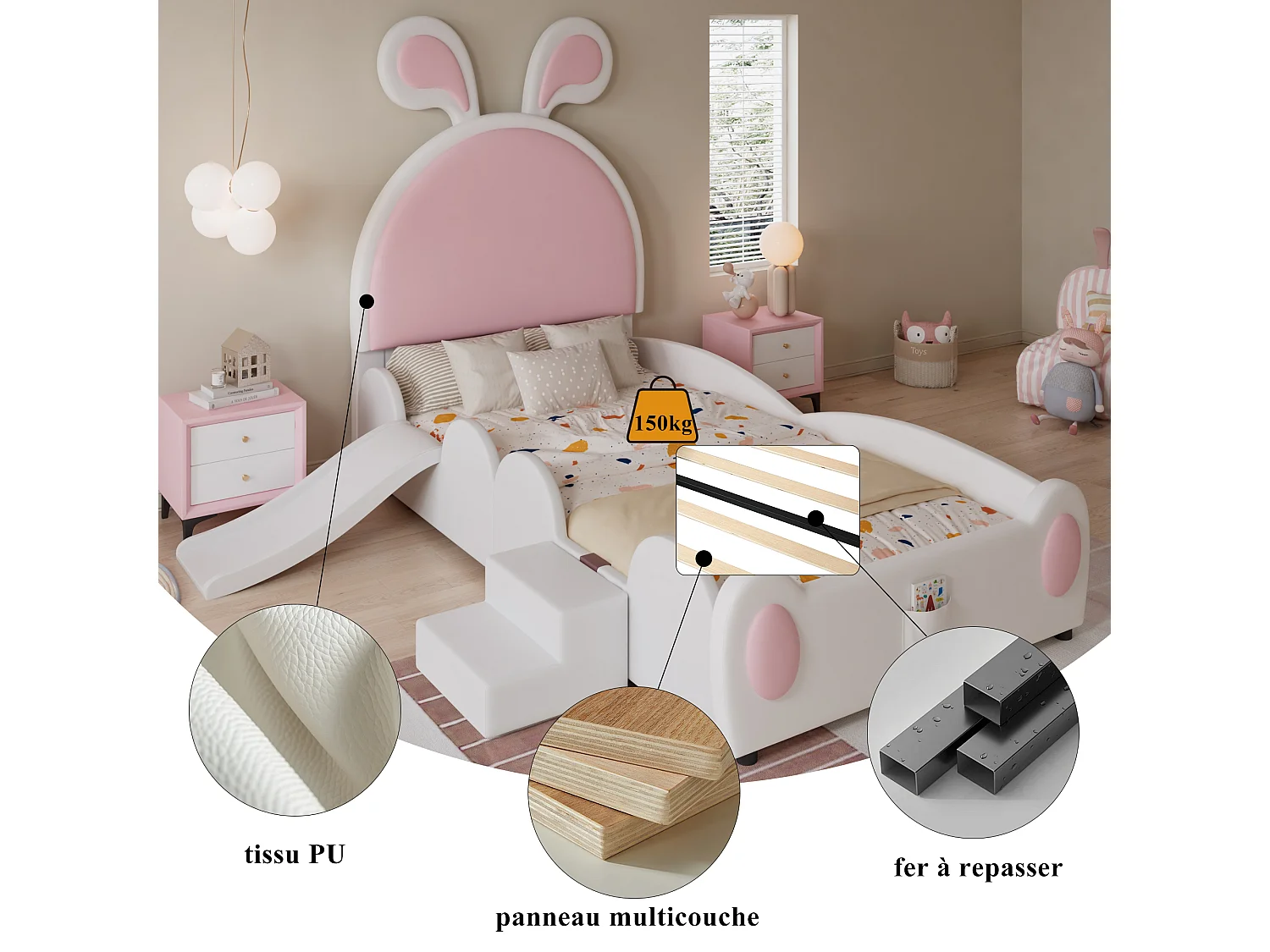 Lit rembourré pour enfant - 90 x 200 cm - avec escalier et toboggan + tête de lit - PU - blanc + rose