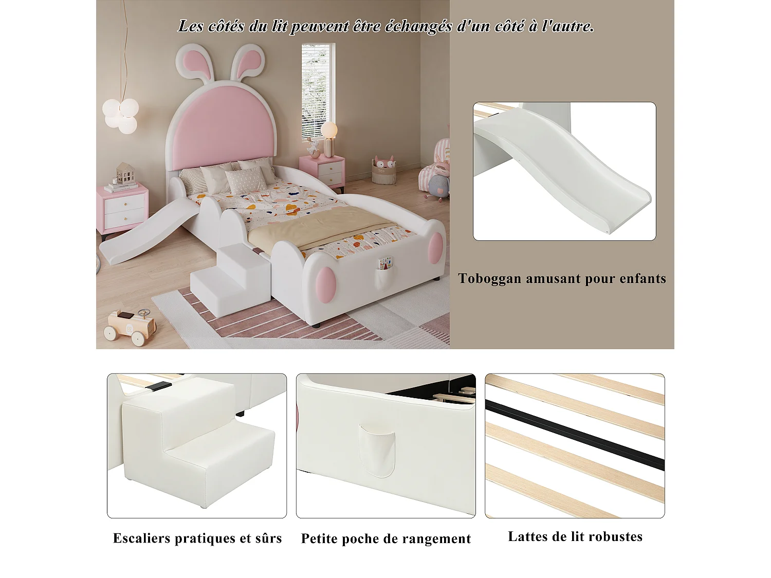 Lit rembourré pour enfant - 90 x 200 cm - avec escalier et toboggan + tête de lit - PU - blanc + rose