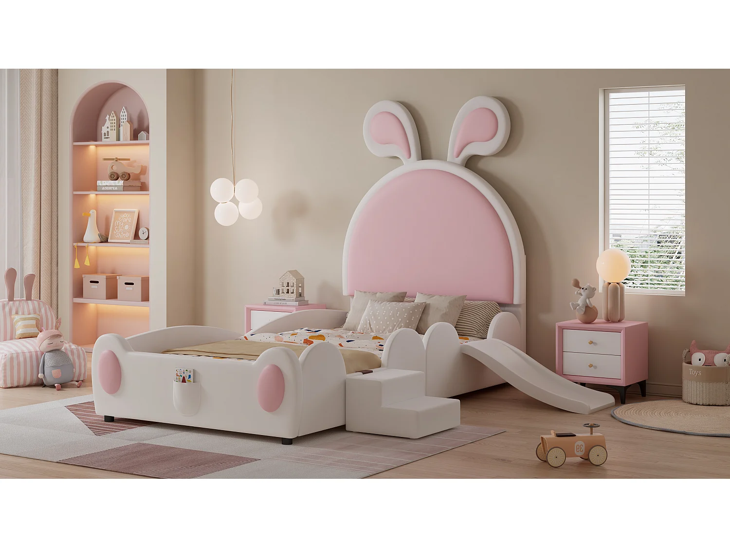 Lit rembourré pour enfant - 90 x 200 cm - avec escalier et toboggan + tête de lit - PU - blanc + rose