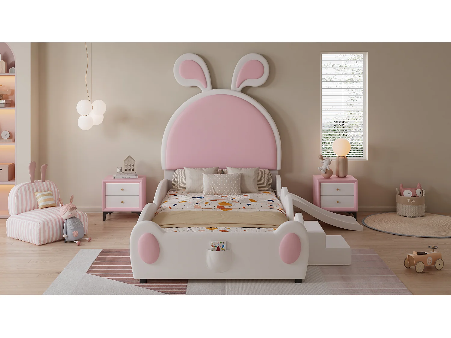 Lit rembourré pour enfant - 90 x 200 cm - avec escalier et toboggan + tête de lit - PU - blanc + rose