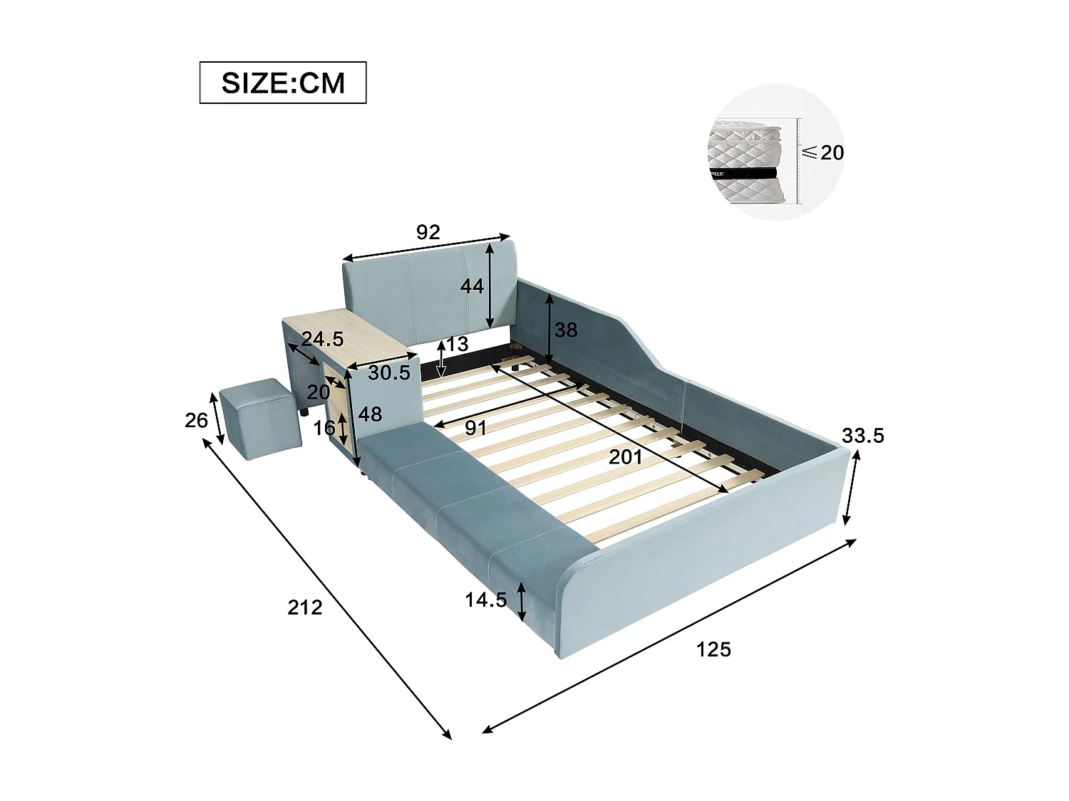 Polsterbett Kinderbett - 90 x 200 cm - mit Schreibtisch + Hocker + Ablage - weiches Kopfteil - Samt - blau