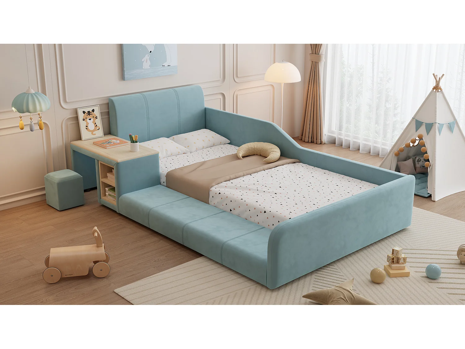 Polsterbett Kinderbett - 90 x 200 cm - mit Schreibtisch + Hocker + Ablage - weiches Kopfteil - Samt - blau