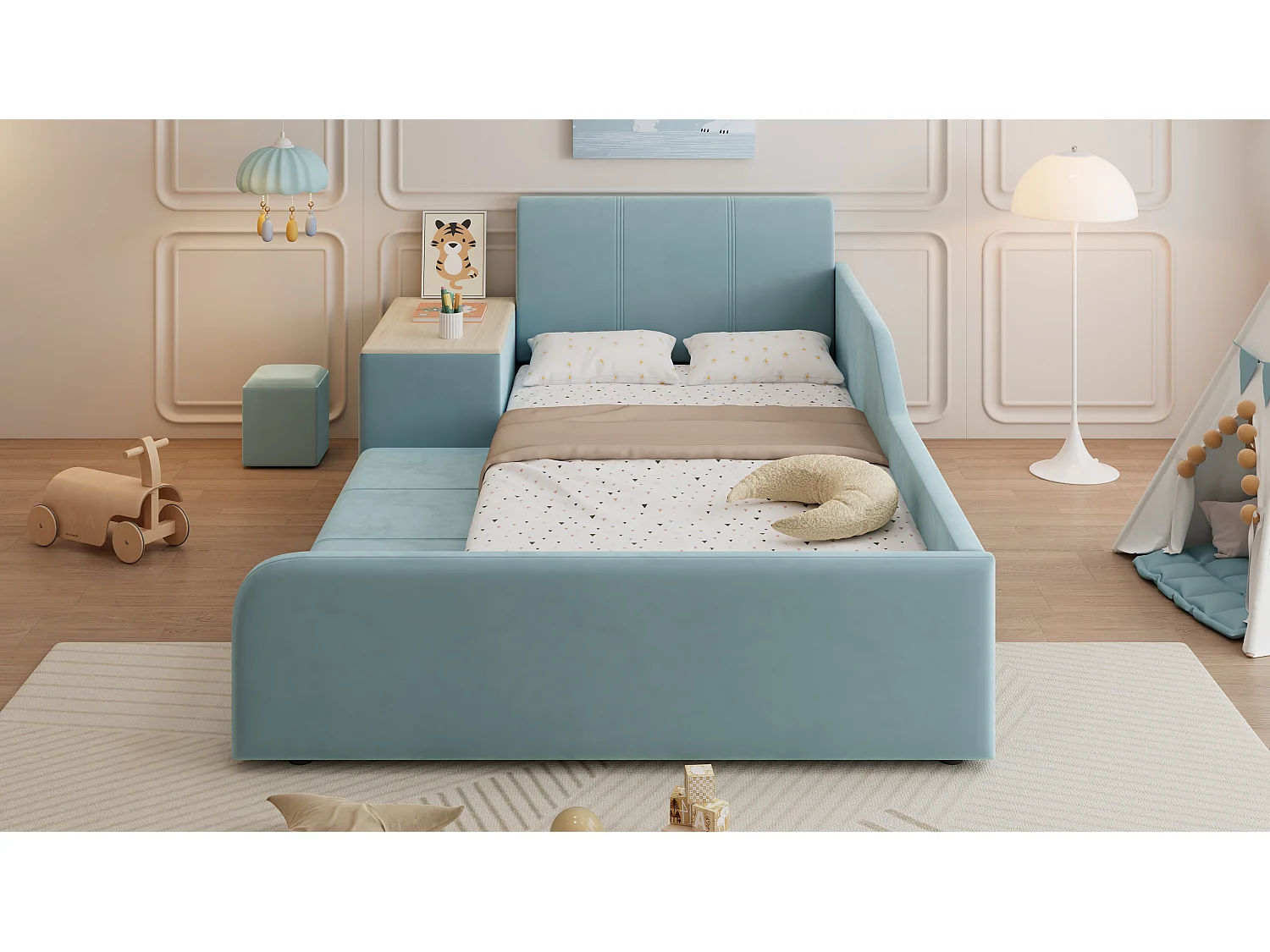 Polsterbett Kinderbett - 90 x 200 cm - mit Schreibtisch + Hocker + Ablage - weiches Kopfteil - Samt - blau