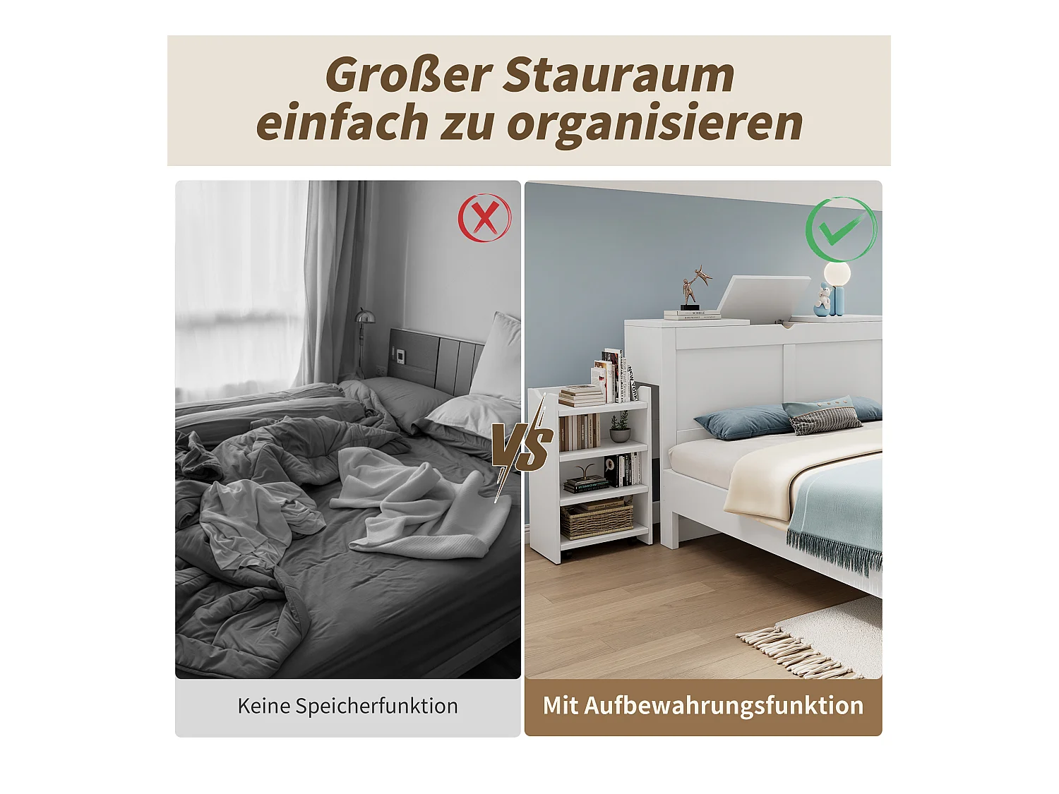 Doppelbett - 140 x 200 - Kopfteil mit Stauraum + 2 Satznachttische - MDF - weiß