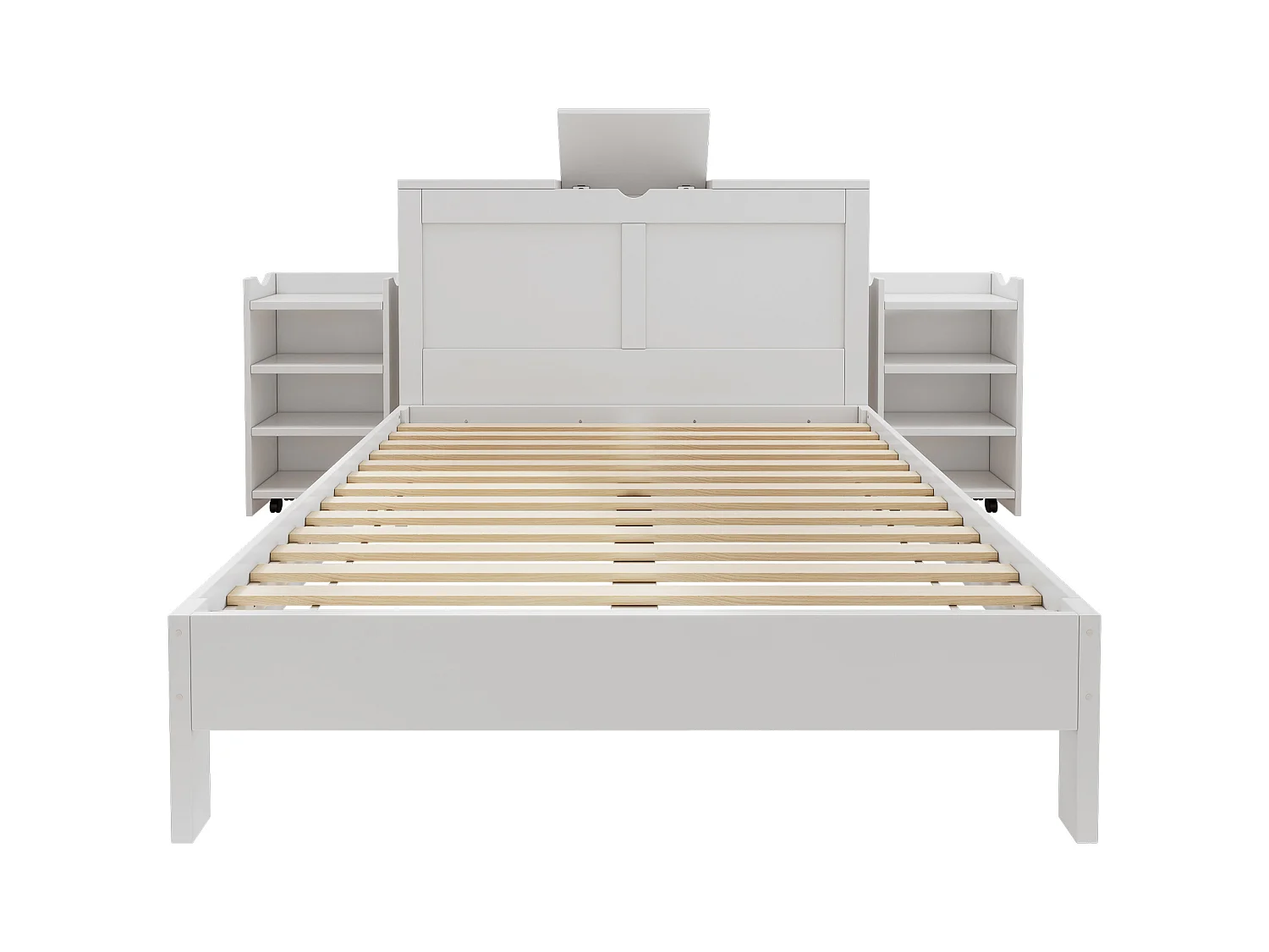 Doppelbett - 140 x 200 - Kopfteil mit Stauraum + 2 Satznachttische - MDF - weiß