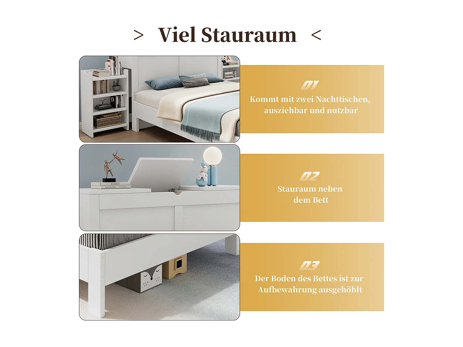 Doppelbett - 140 x 200 - Kopfteil mit Stauraum + 2 Satznachttische - MDF - weiß