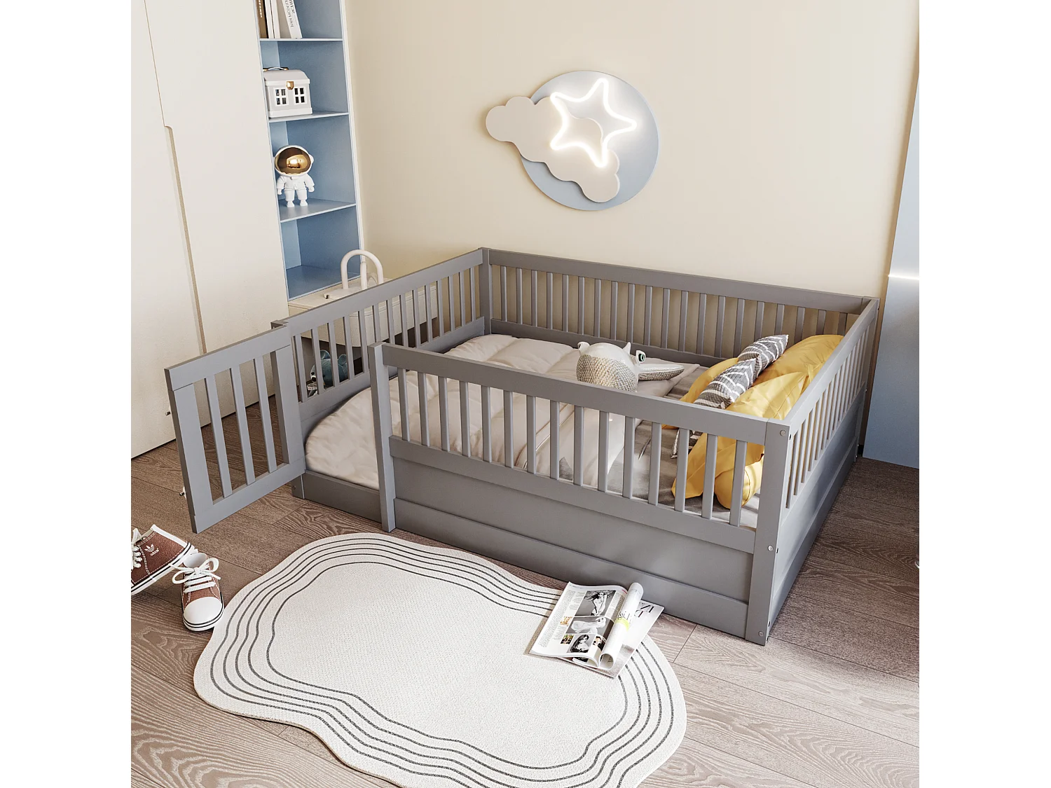 Lit enfant - 140 x 200 cm - sans sommier à latte - cadre de lit avec barreaux et porte - pin + contreplaqué + MDF - gris