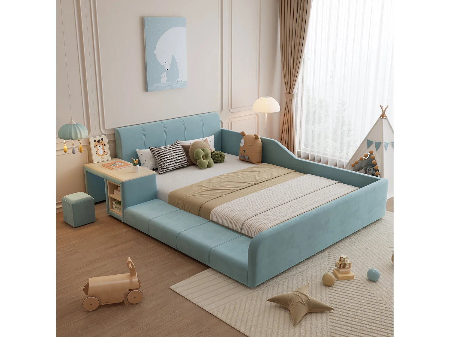 Gepolstertes Kinderbett - 140 x 200 cm - mit Schreibtisch + Hocker + Ablage - weiches Kopfteil - Samt - blau